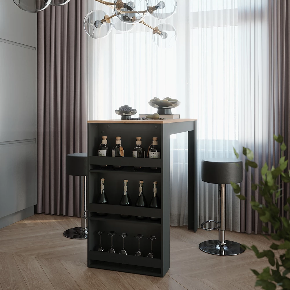 Bartafel set in Antraciet, getoond in een sfeervolle omgeving met decoratie