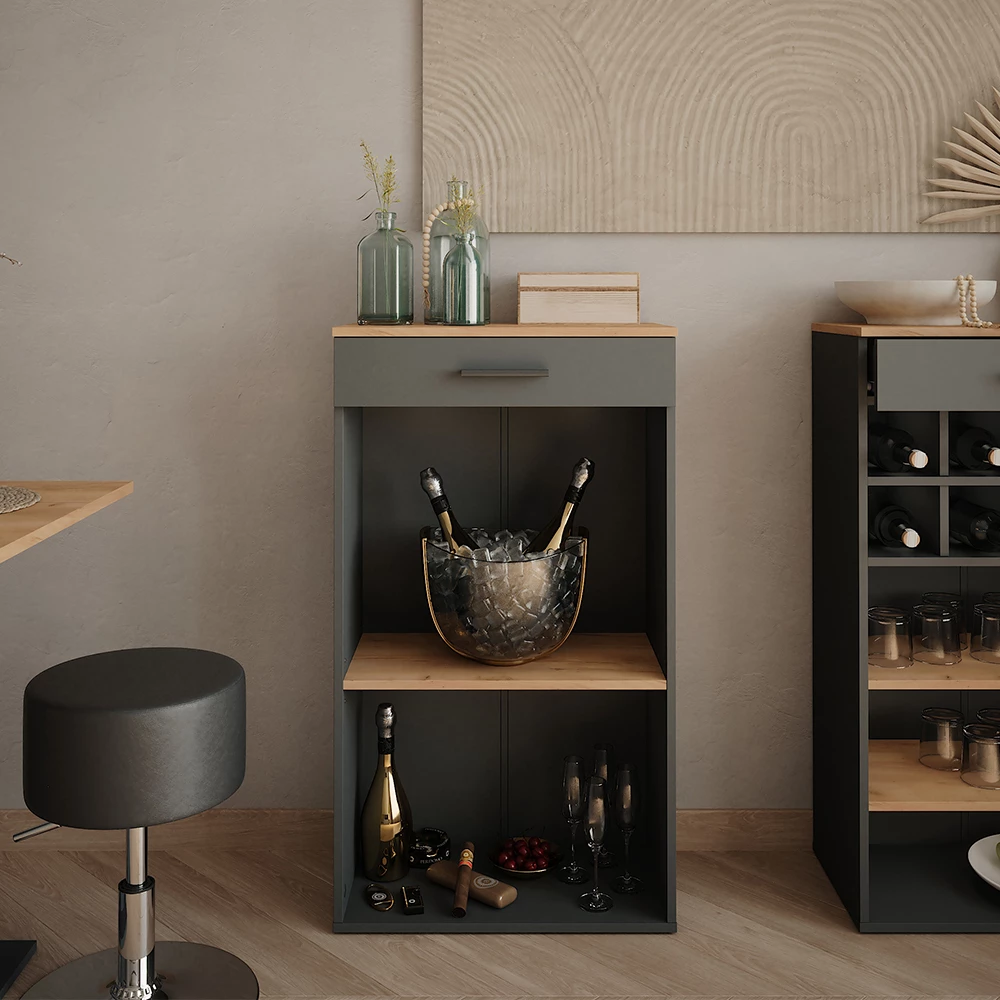 Weinregal in Goldkraft Eiche/Anthrazit auf weißem Hintergrund