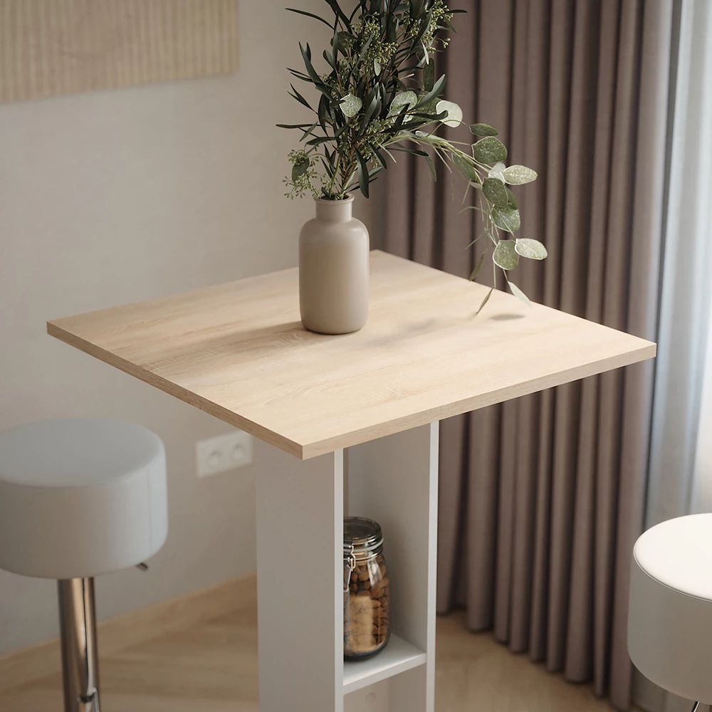 Close-up van Bartafel set in Wit/Sonoma, met ontwerp- en oppervlakte-details