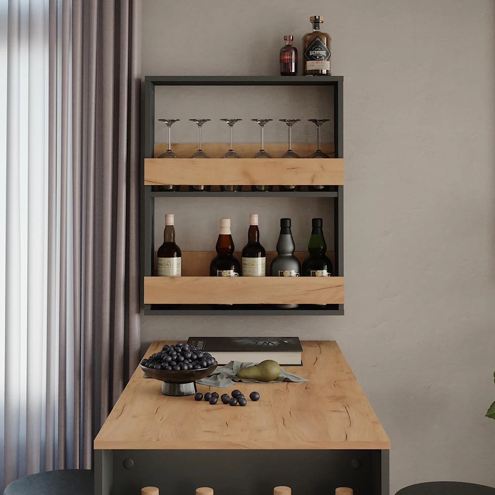 Wijnglasrek in Eik goud/antraciet shown in ambient setting with decoration