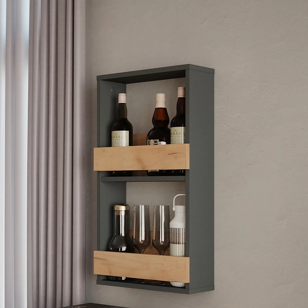 Gros plan de étagère pour verres à vin en Chêne doré/anthracite, montrant la texture/les détails