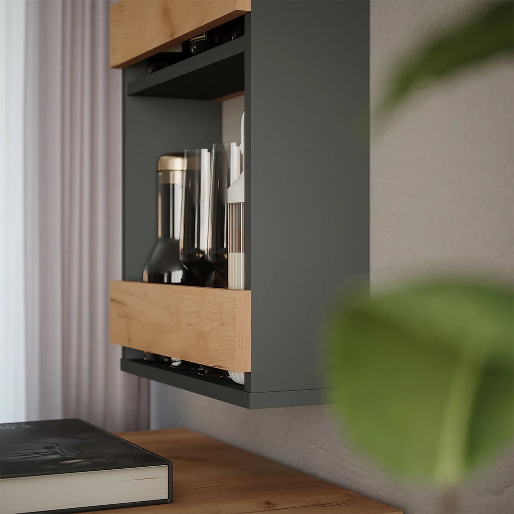 Gros plan de étagère pour verres à vin en Chêne doré/anthracite, montrant le design et les détails de surface