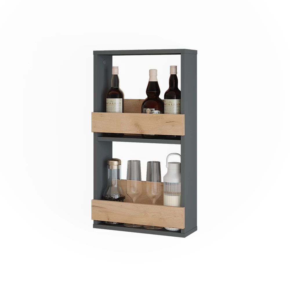 étagère pour verres à vin en Chêne doré/anthracite sur fond blanc avec des éléments décoratifs