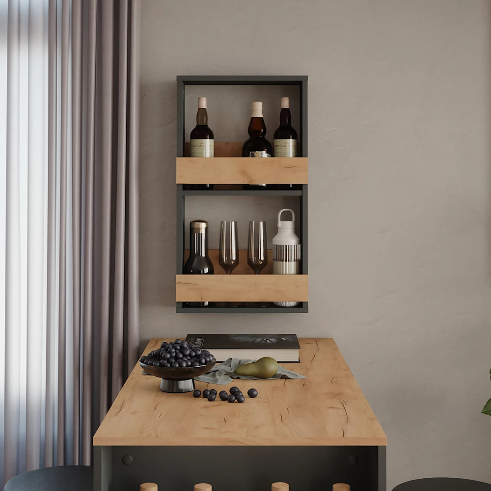 étagère pour verres à vin en Chêne doré/anthracite, présenté dans un décor ambiant avec décoration