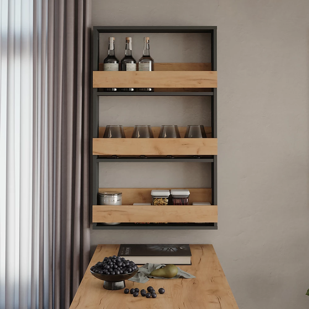 Wijnglasrek in Eik goud/antraciet shown in ambient setting with decoration