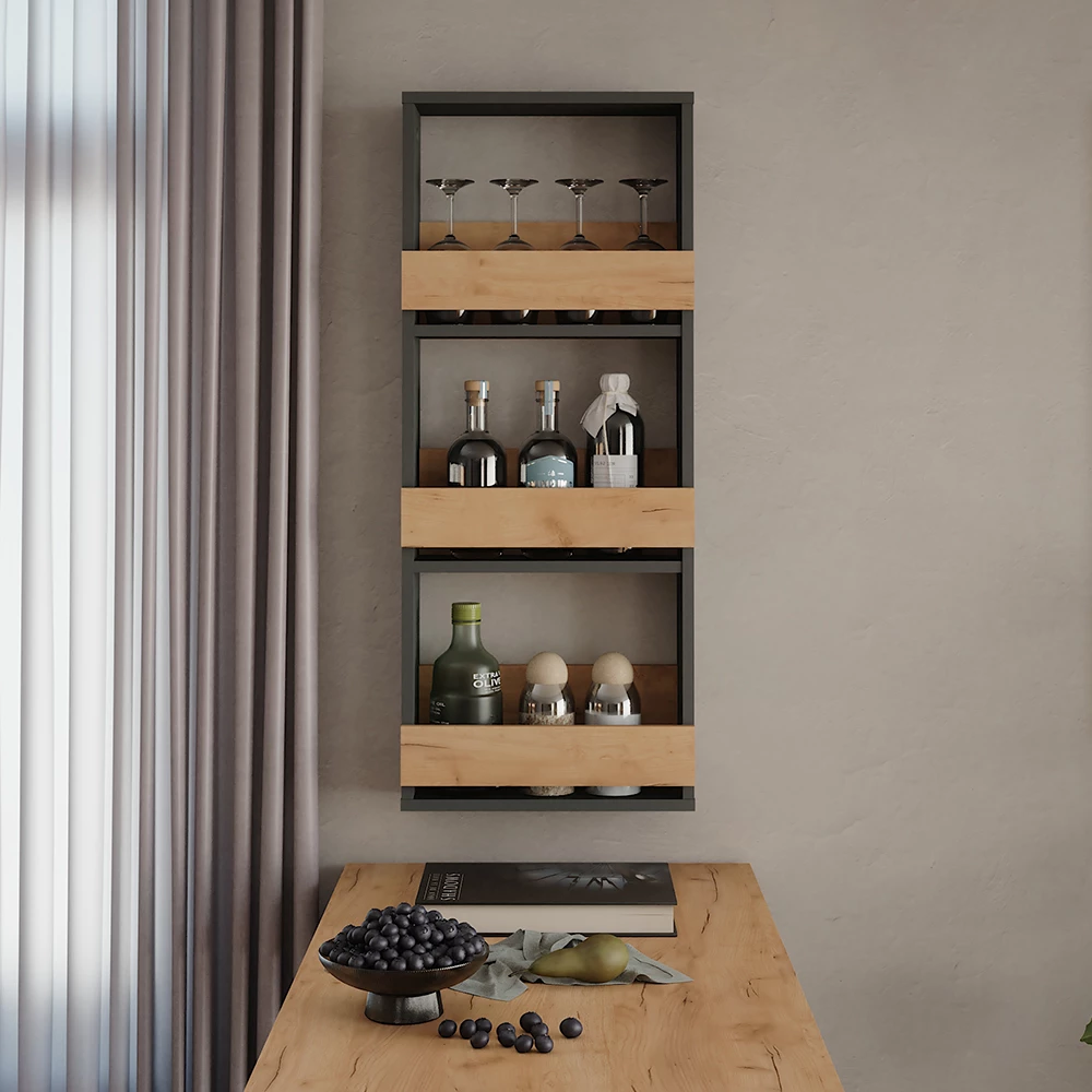 Wijnglasrek in Eik goud/antraciet shown in ambient setting with decoration