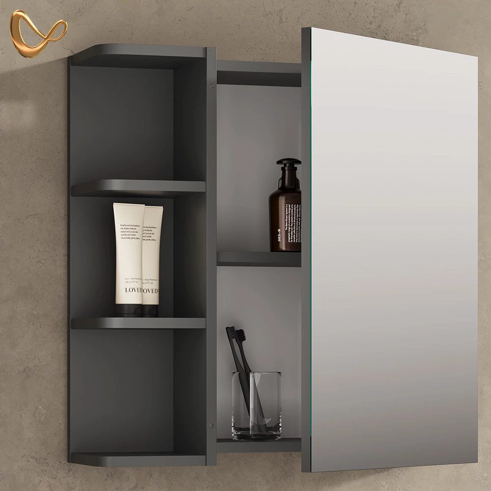 Nahaufnahme von Spiegelschrank in Anthrazit, zeigt Design- und Oberflächendetails
