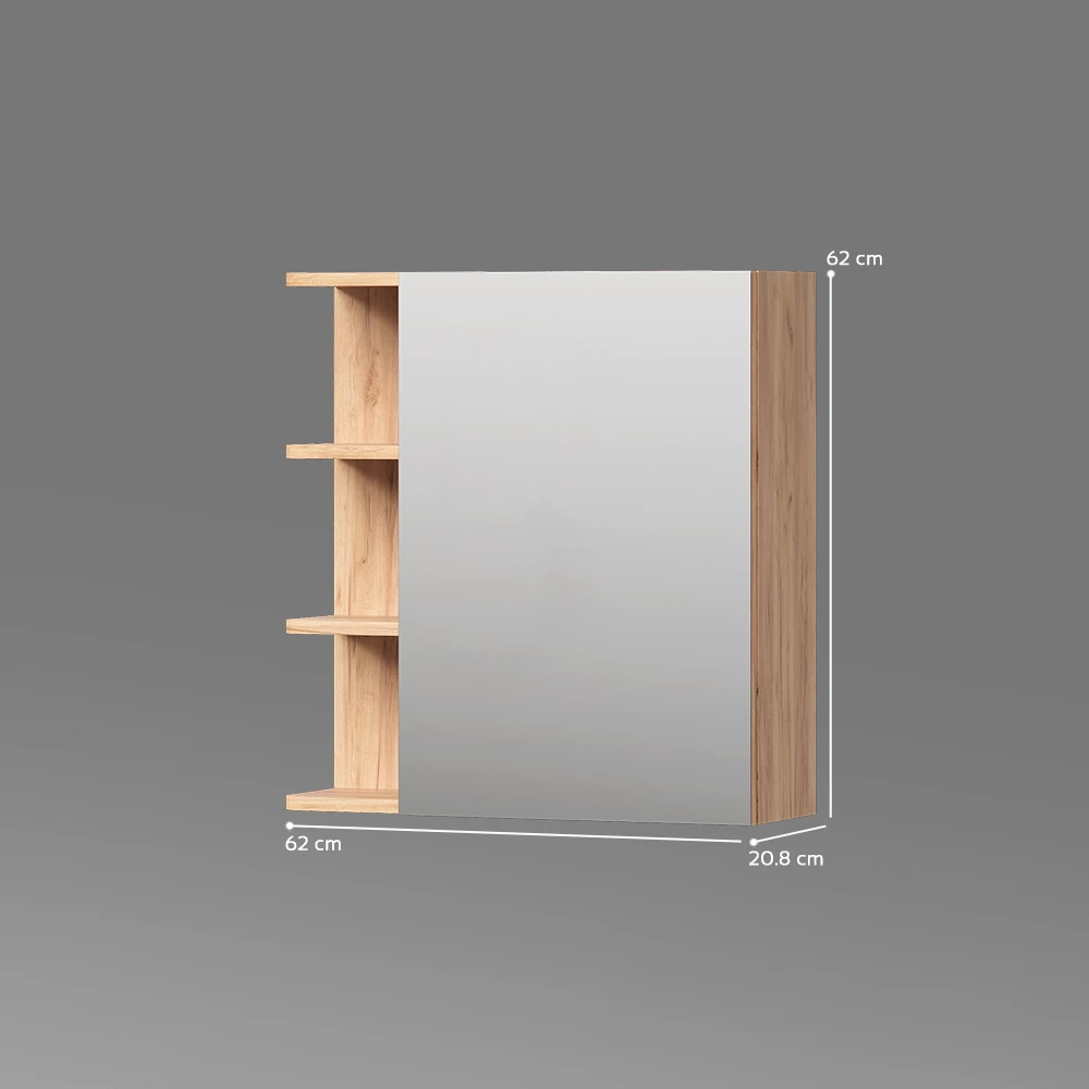 Spiegelschrank in Goldkraft Eiche auf weißem Hintergrund mit sichtbaren Maßen