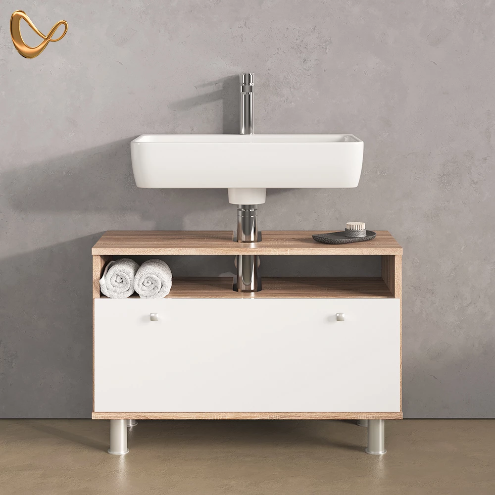 Waschbeckenunterschrank in Sonoma/Weiß, dargestellt im Ambiente und auf weißem Hintergrund