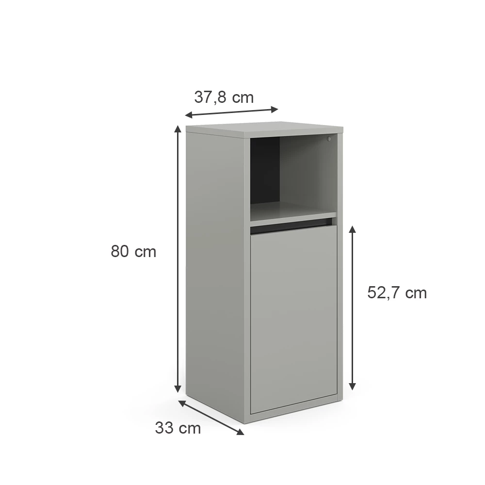 Midischrank in Grau auf weißem Hintergrund mit sichtbaren Maßen