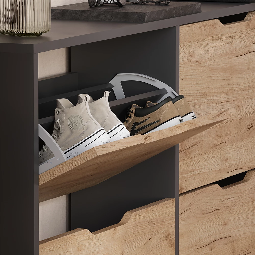 Nærbillede af Skotipper i farven Antracit/gylden eg, der viser struktur/detaljer