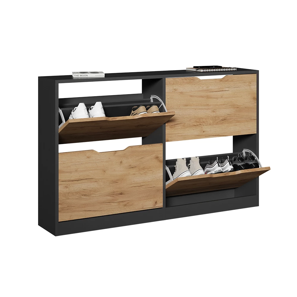 Skotipper i farven Antracit/gylden eg på hvid baggrund med dekorative elementer