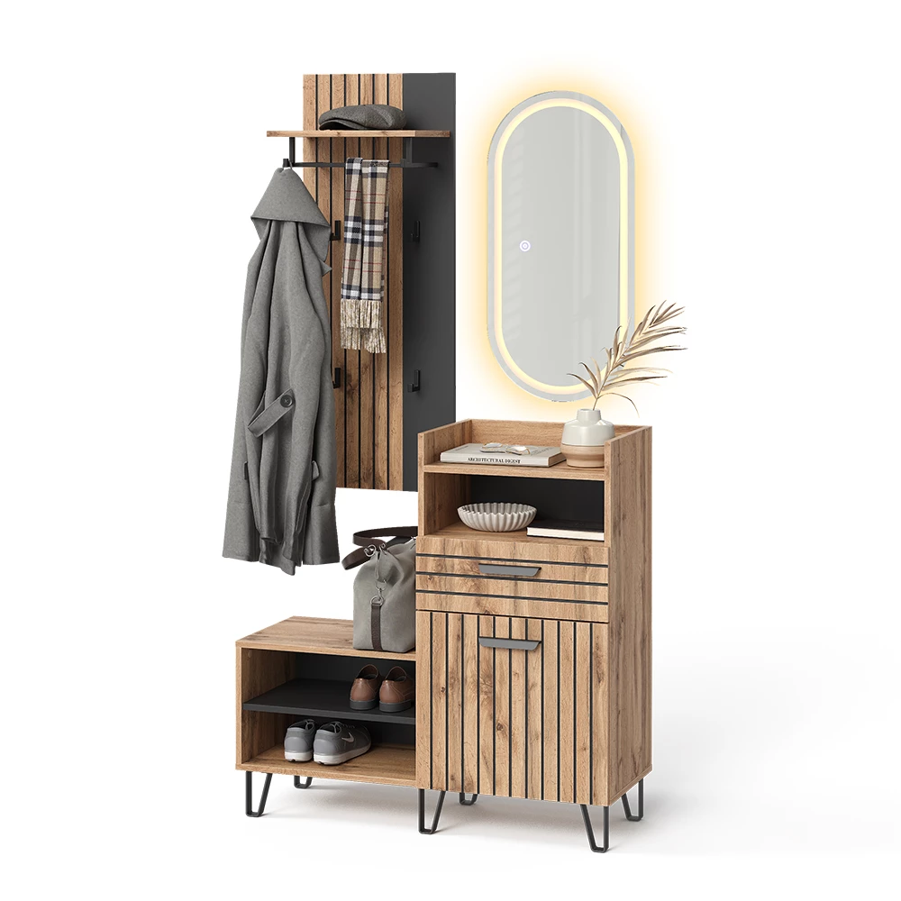 Garderobe in Eiken Wotan op een witte achtergrond met decoratieve elementen