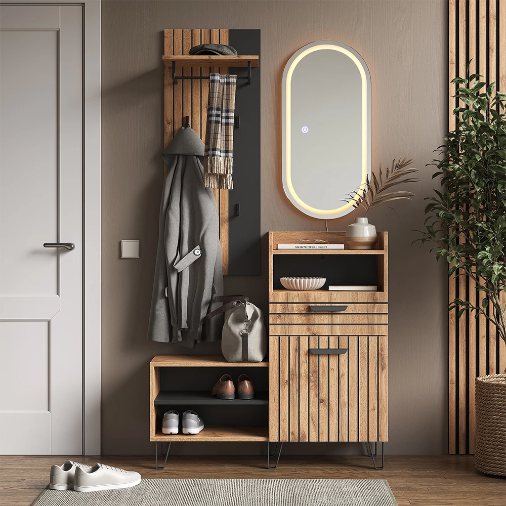 Garderobe in Eiken Wotan op een witte achtergrond met decoratieve elementen