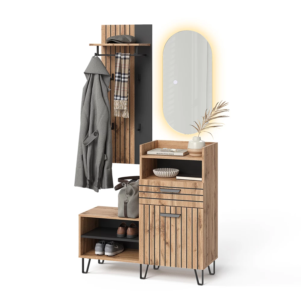 Garderobe in Eiken Wotan op een witte achtergrond met decoratieve elementen