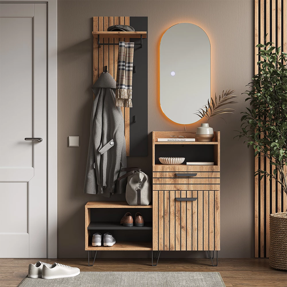 Garderobe in Eiken Wotan op een witte achtergrond met decoratieve elementen