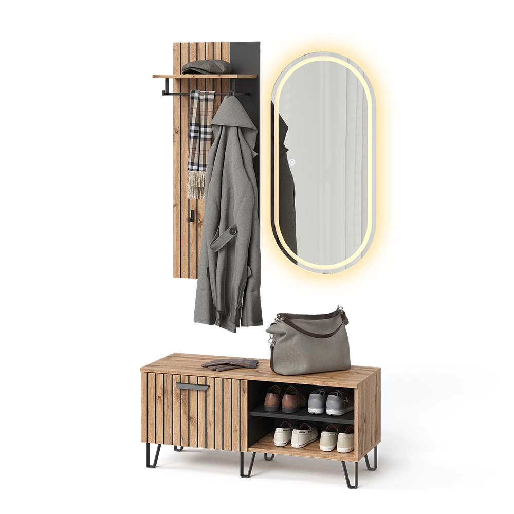 Garderobe in Eiken Wotan op een witte achtergrond met decoratieve elementen