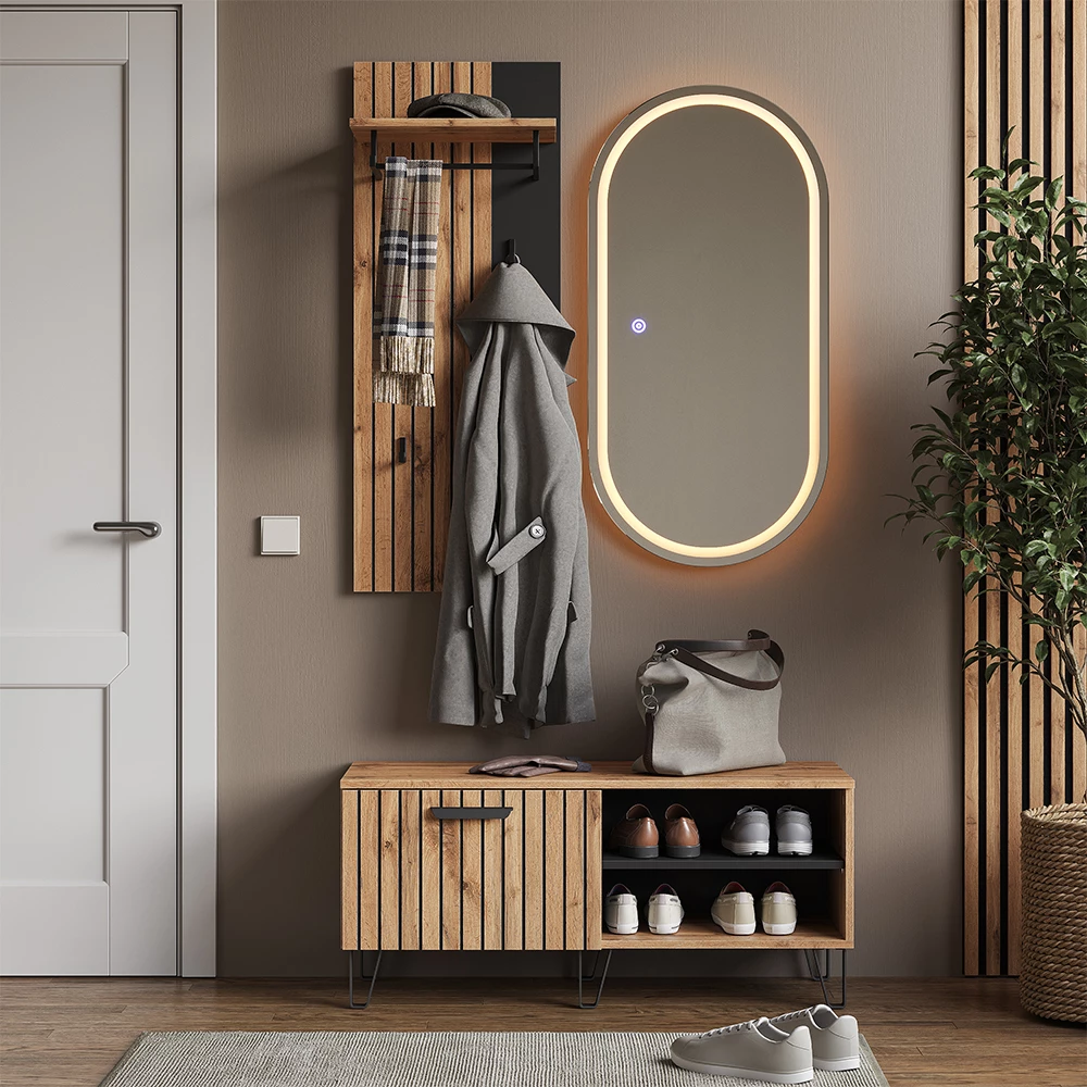 Garderobe in Eiken Wotan op een witte achtergrond met decoratieve elementen