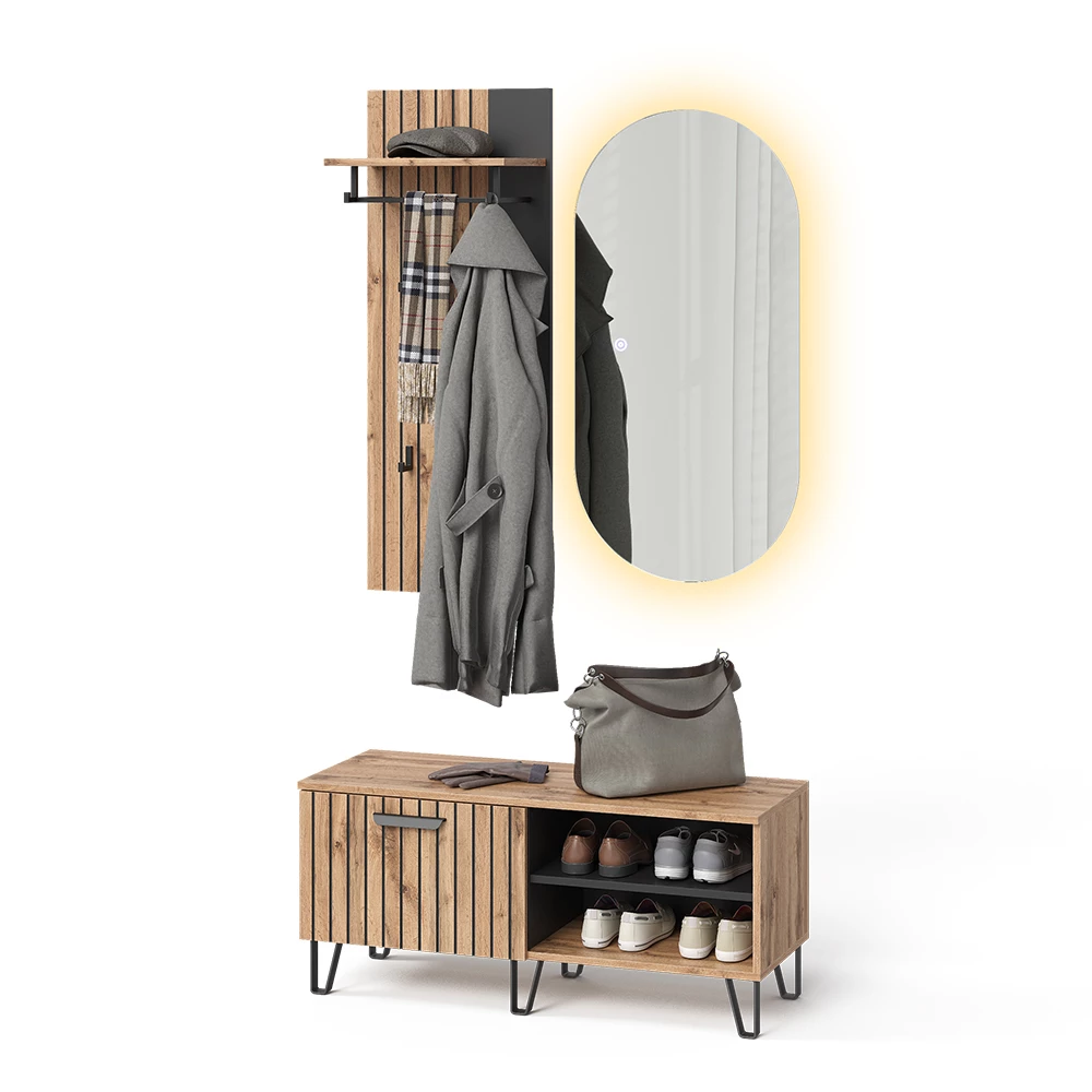 Garderobe in Eiken Wotan op een witte achtergrond met decoratieve elementen