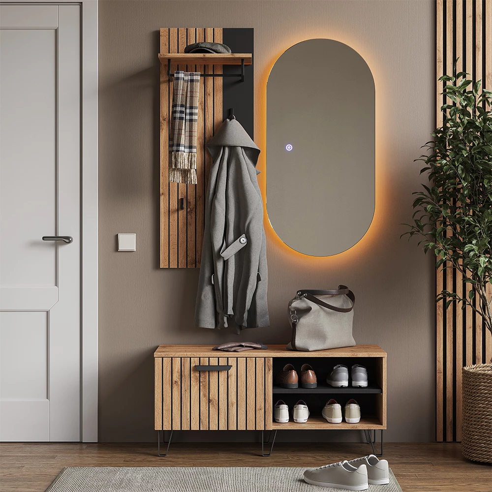 Garderobe in Eiken Wotan op een witte achtergrond met decoratieve elementen