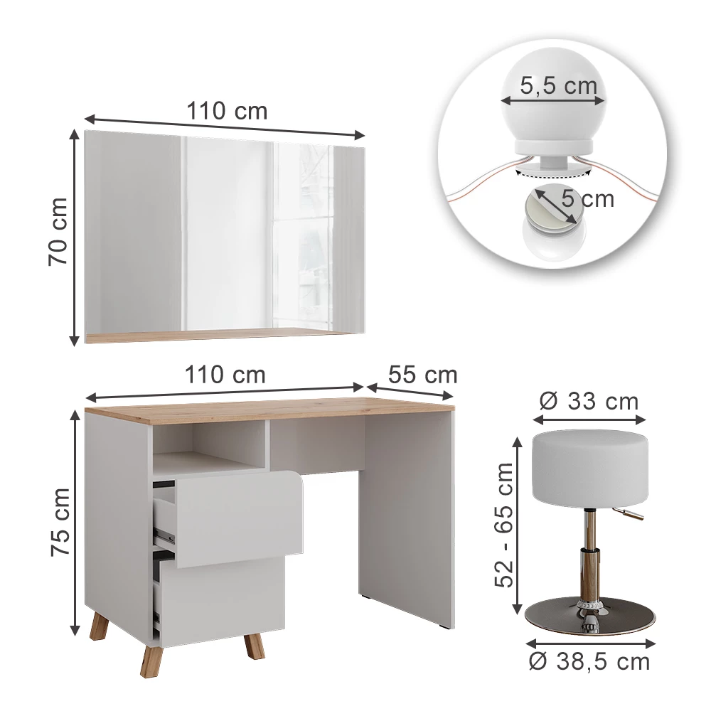 Schminktisch in Weiß/Artisan auf weißem Hintergrund mit sichtbaren Maßen