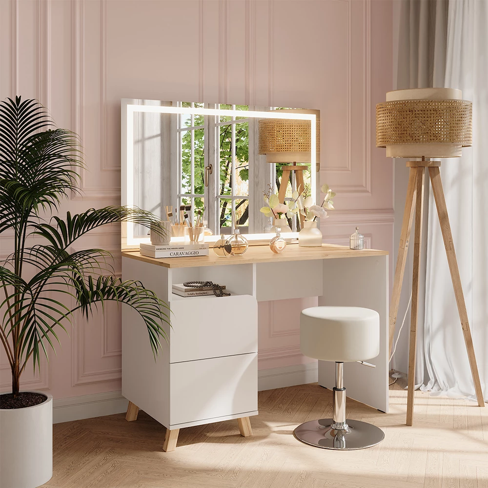 Kaptafel set met kruk in Wit/Kunstnijverheid op een witte achtergrond met decoratieve elementen