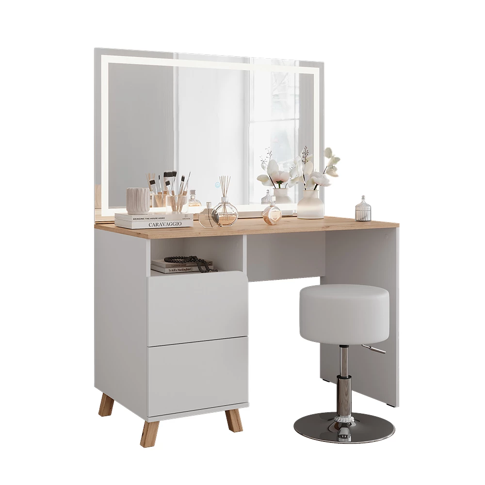 Kaptafel set met kruk in Wit/Kunstnijverheid op een witte achtergrond met decoratieve elementen