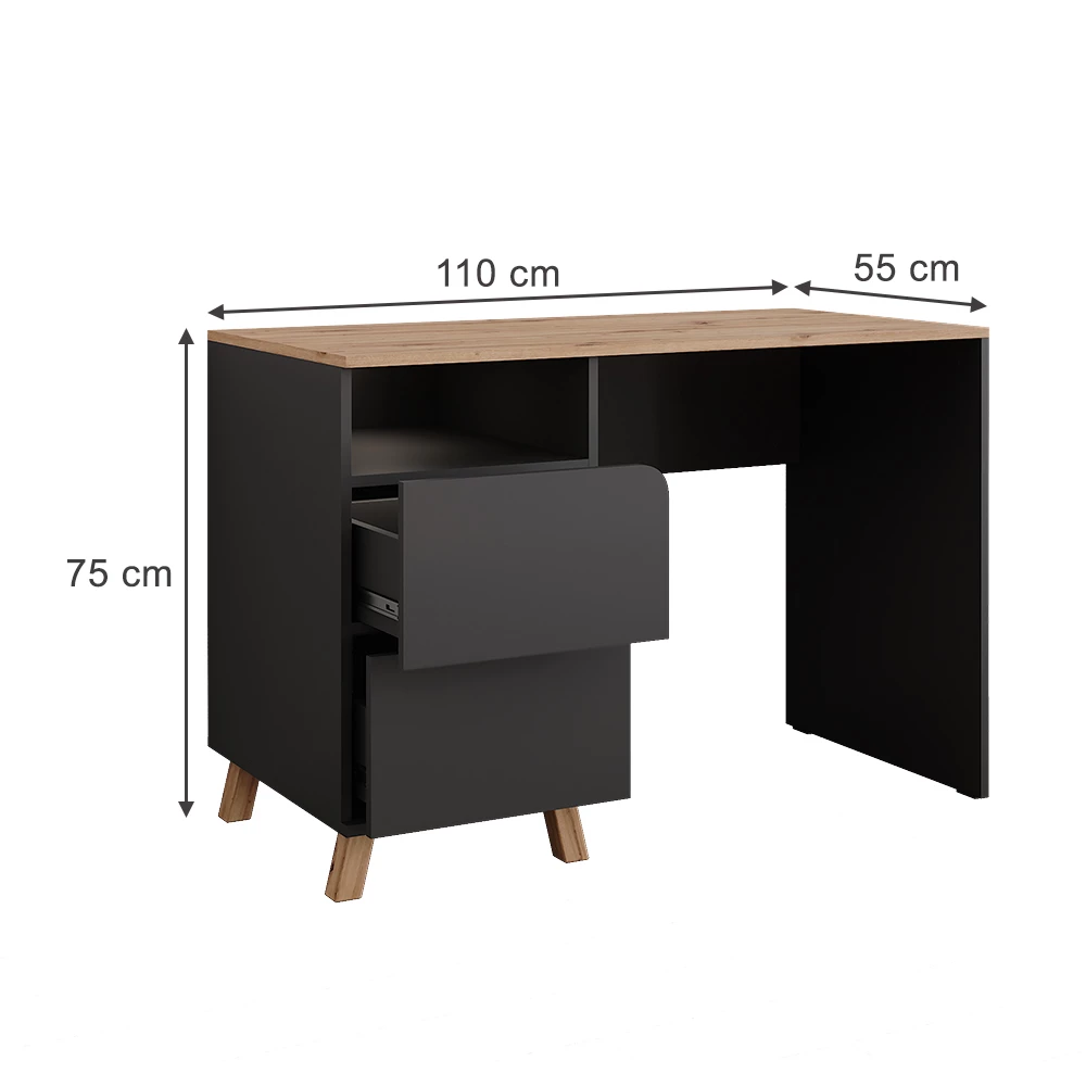 Schminktisch in Anthrazit/Artisan auf weißem Hintergrund mit sichtbaren Maßen