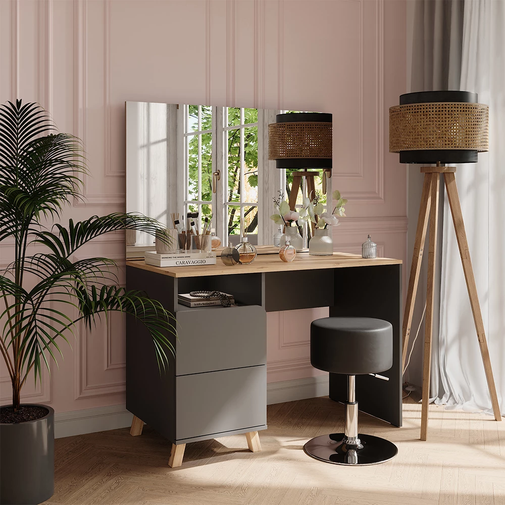 Kaptafel in Antraciet/Artisan op een witte achtergrond met decoratieve elementen