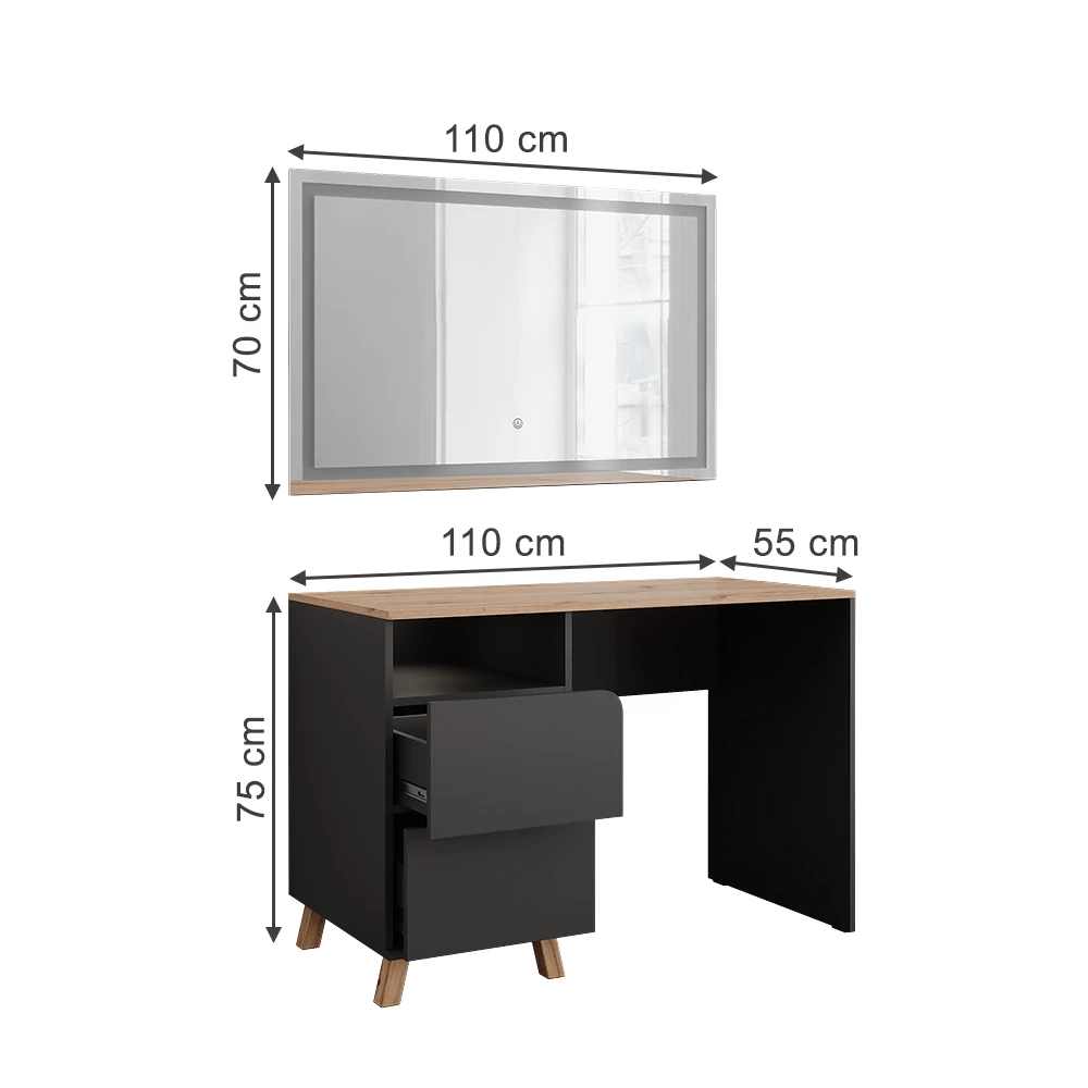 Kaptafel met licht in Antraciet/Artisan op een witte achtergrond met zichtbare afmetingen