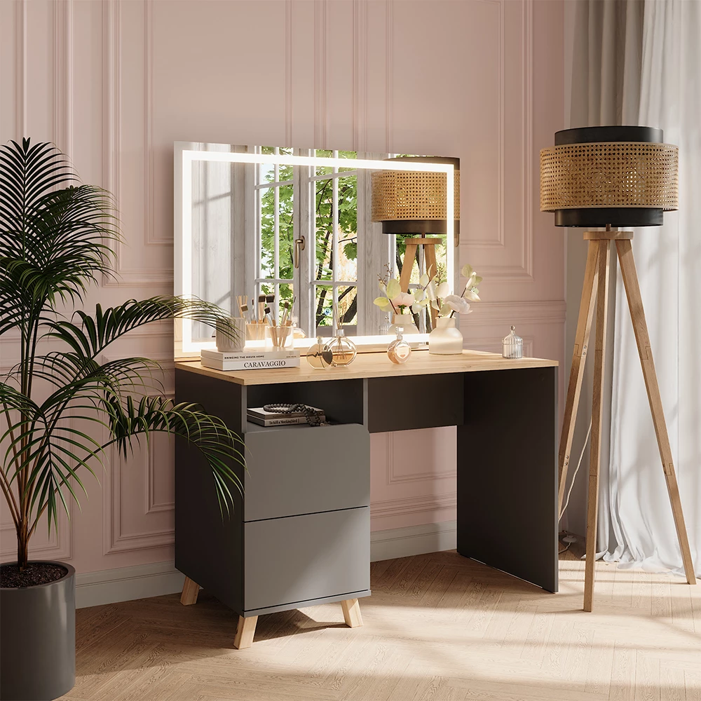 Kaptafel in Antraciet/Artisan op een witte achtergrond met decoratieve elementen