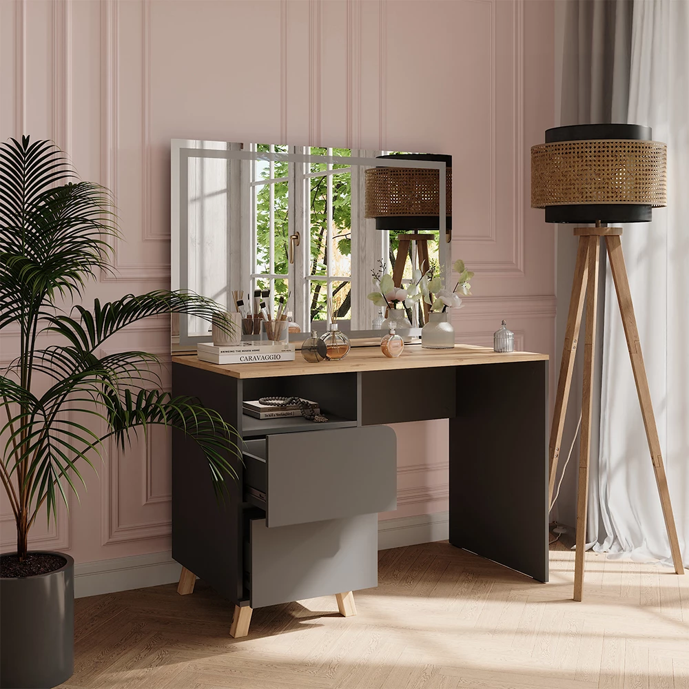 Vicco Kaptafel met licht Antraciet/Artisan 110 cm met LED-spiegel, Karen