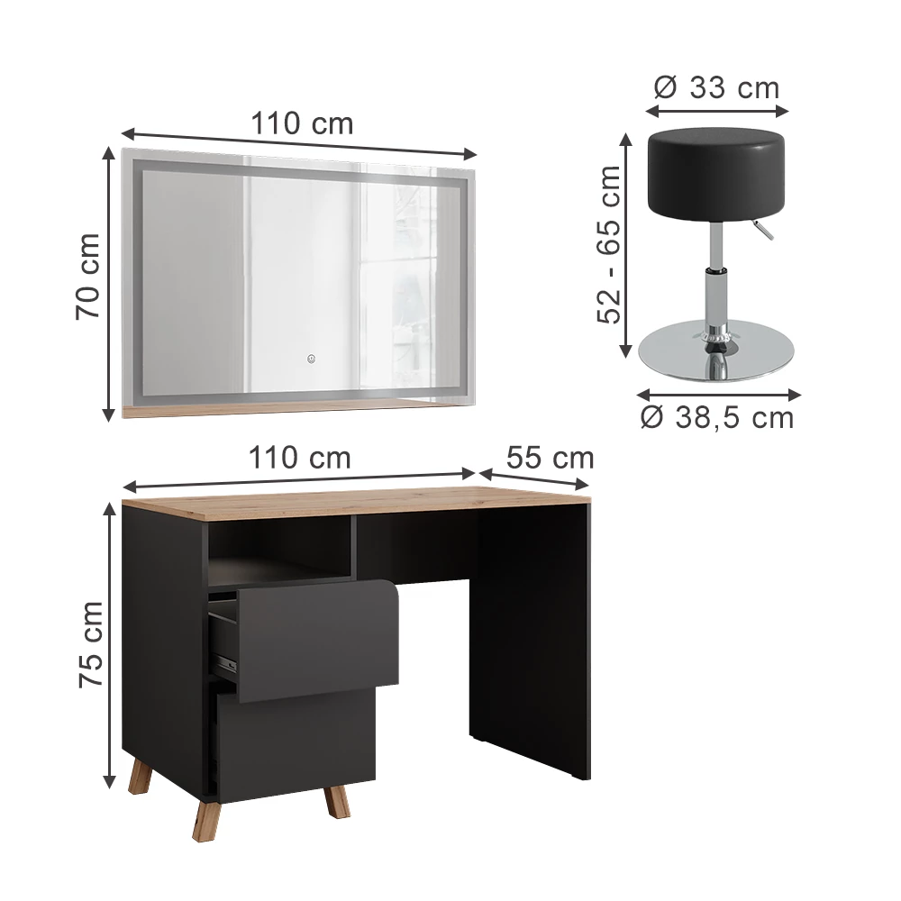 Kaptafel set met kruk in Antraciet/Artisan op een witte achtergrond met zichtbare afmetingen