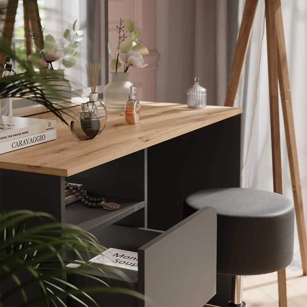 Close-up van Kaptafel set met kruk in Antraciet/Artisan, met textuur/details