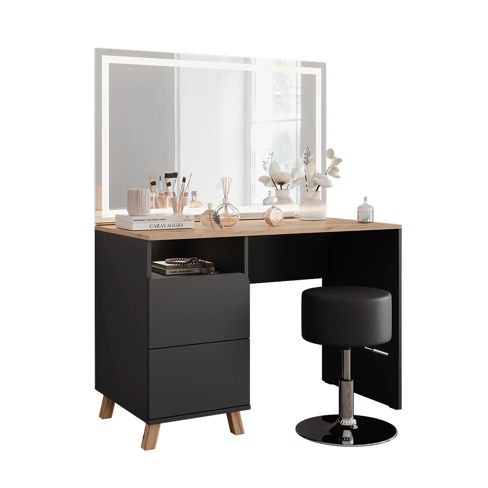Kaptafel set met kruk in Antraciet/Artisan op een witte achtergrond met decoratieve elementen