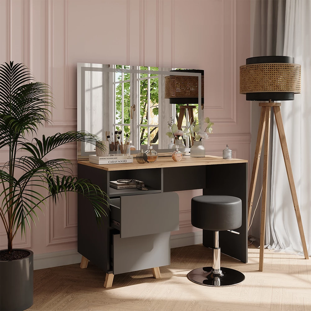 Vicco Kaptafel set met kruk Antraciet/Artisan 110 cm met kruk en LED-spiegel, Karen