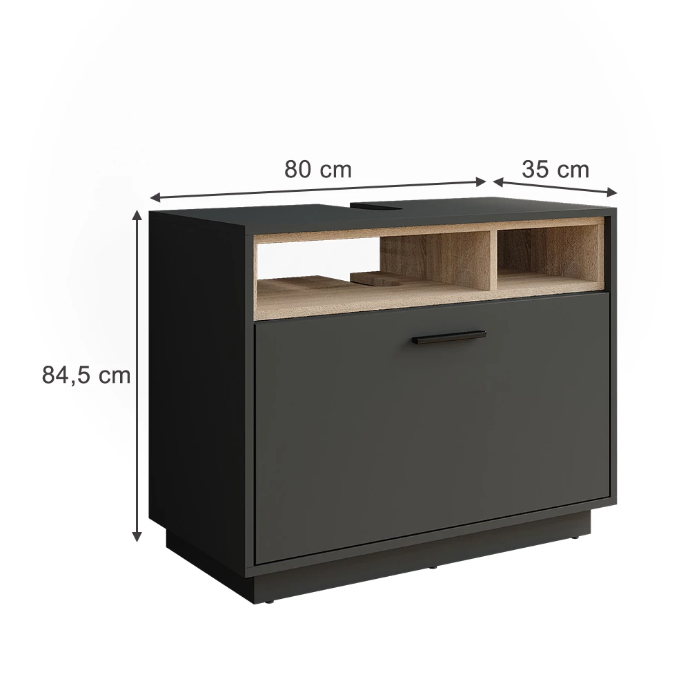 Waschbeckenunterschrank in Anthrazit/Sonoma auf weißem Hintergrund mit sichtbaren Maßen