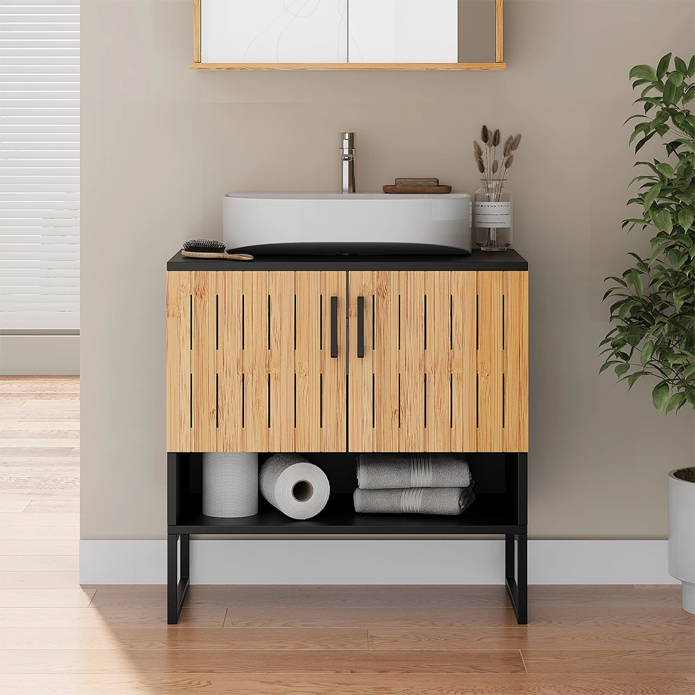 Primo piano di Mobiletto per lavabo in Bambù, mostrando design e dettagli della superficie