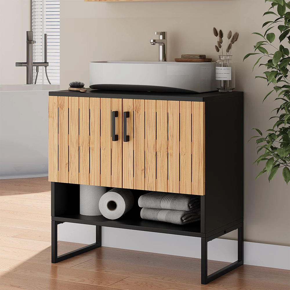 Mobiletto per lavabo in Bambù, mostrato in un ambiente ambientale con decorazioni