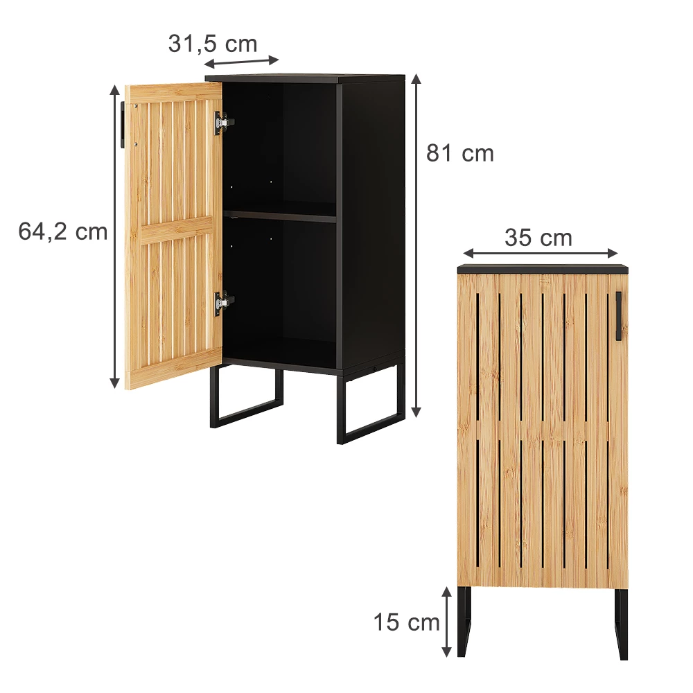 Armoire Midischrank en Bambou sur fond blanc avec dimensions visibles