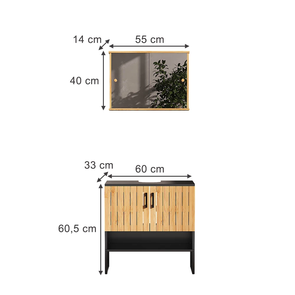 Badmöbel-Set in Bambus auf weißem Hintergrund mit sichtbaren Maßen