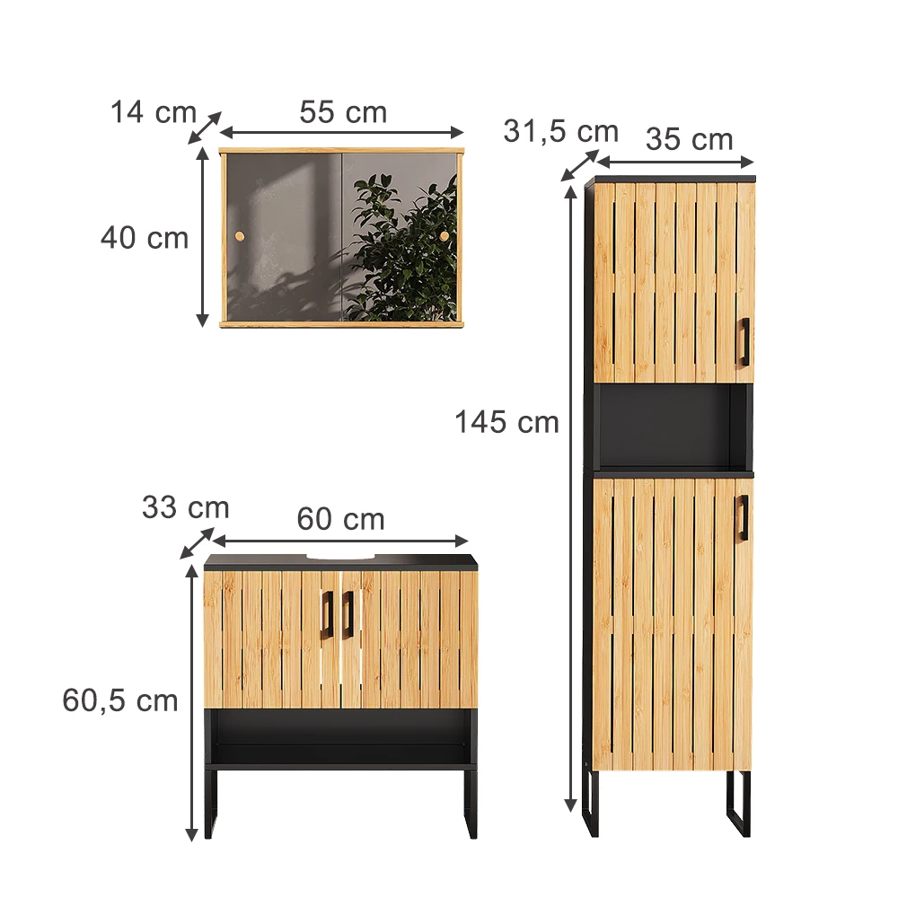 Badmöbel-Set in Bambus auf weißem Hintergrund mit sichtbaren Maßen