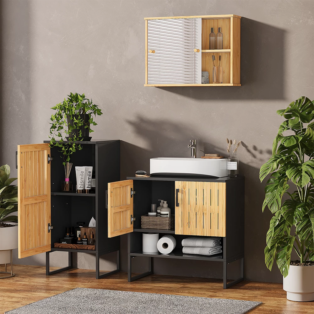 Primo piano di Set di mobili da bagno in Bambù, mostrando design e dettagli della superficie