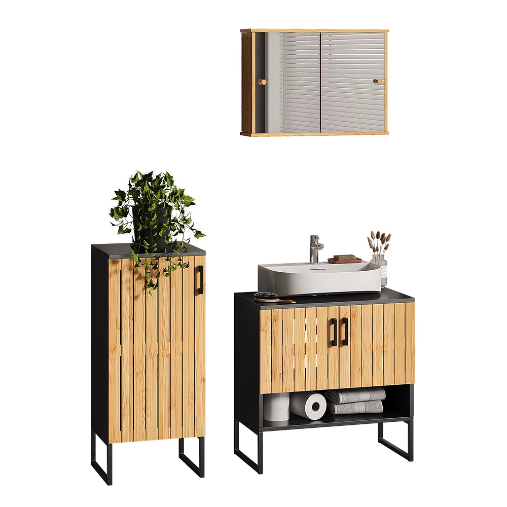 Set di mobili da bagno in Bambù su sfondo bianco con elementi decorativi