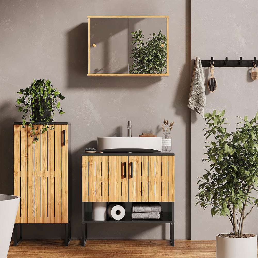 Set di mobili da bagno in Bambù, mostrato in un ambiente ambientale con decorazioni