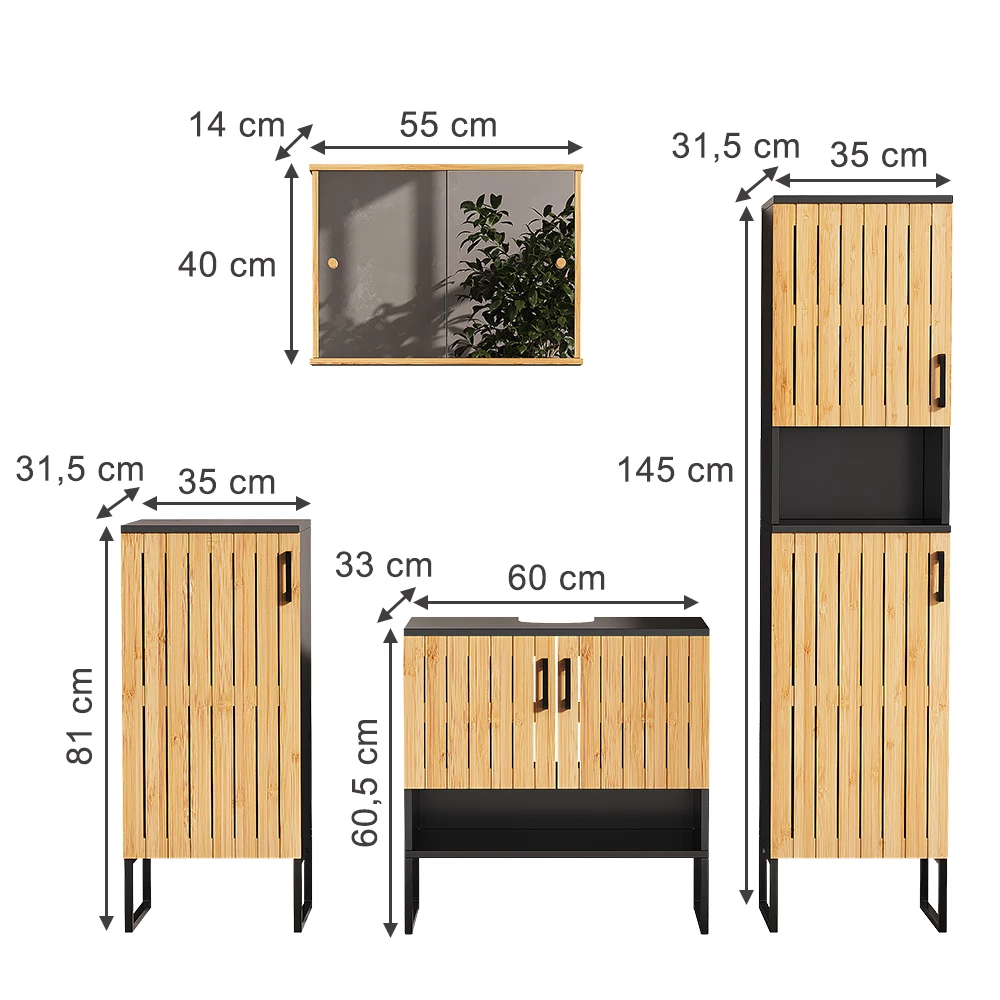 Meubles bain en Bambou sur fond blanc avec dimensions visibles