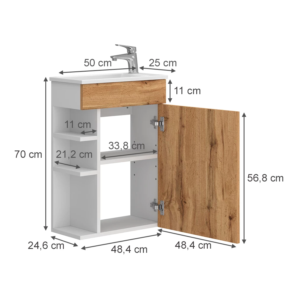 Badmöbel-Set in Goldkraft Eiche auf weißem Hintergrund mit sichtbaren Maßen