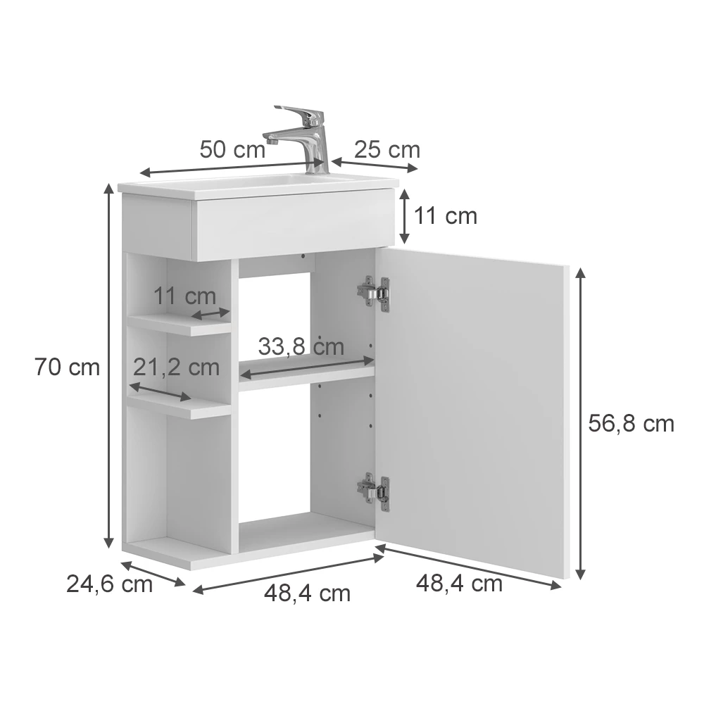 Set mobilier baie in Alb on white background with visible dimensions