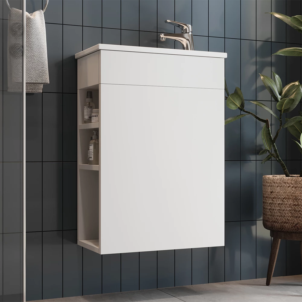 Set mobilier baie in Alb shown in ambient setting with decoration
