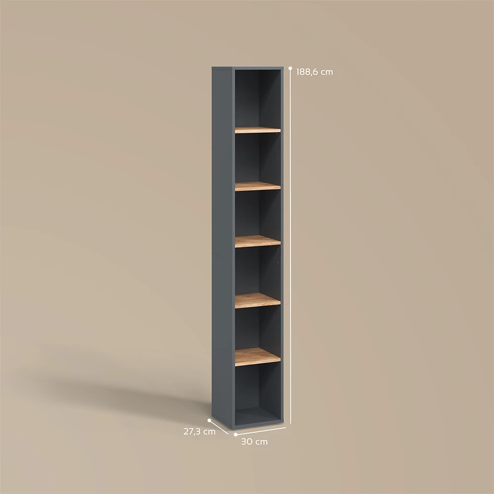 Badschrank in Anthrazit/Goldkraft Eiche auf weißem Hintergrund mit sichtbaren Maßen